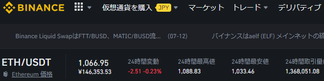 BINANCEの日本語による取引の画面